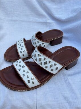Donald Pliner White leather Double-Strap Slide Sandals with silver metal accents